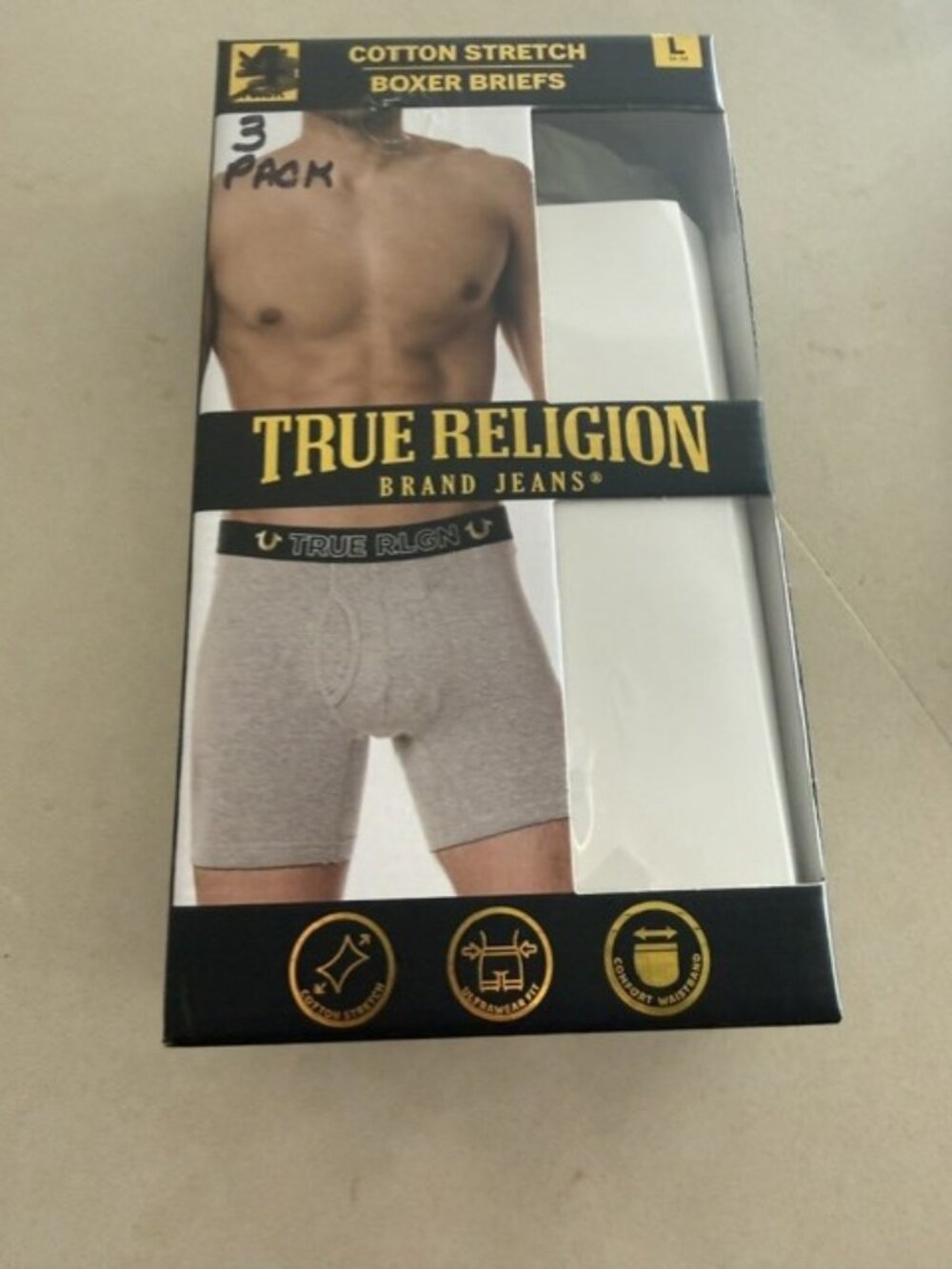 True Religion 3 Pack Cotton Stretch Boxer Briefs Size Large 36-38 NEW Open Box